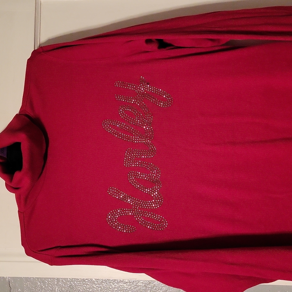 Harley-Davidson Red Rhinestone Script Turtleneck Top